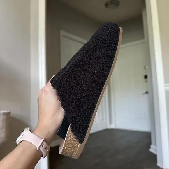 Splendid Clarissa Slipper Women's 8.5 Black Faux Shearling Slingback Cork Shoe - Picture 9 of 11